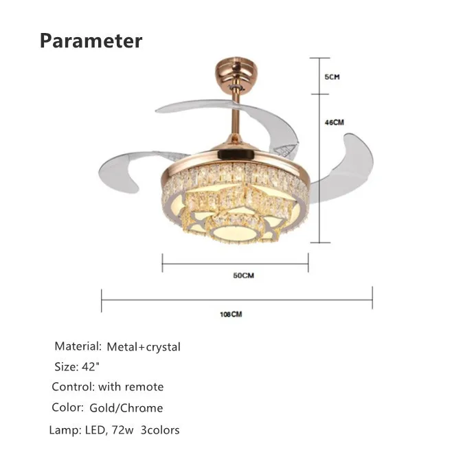 42inch  ceiling fans with light crystal led chandelier fixture retractable blades remote control led ceiling fan
