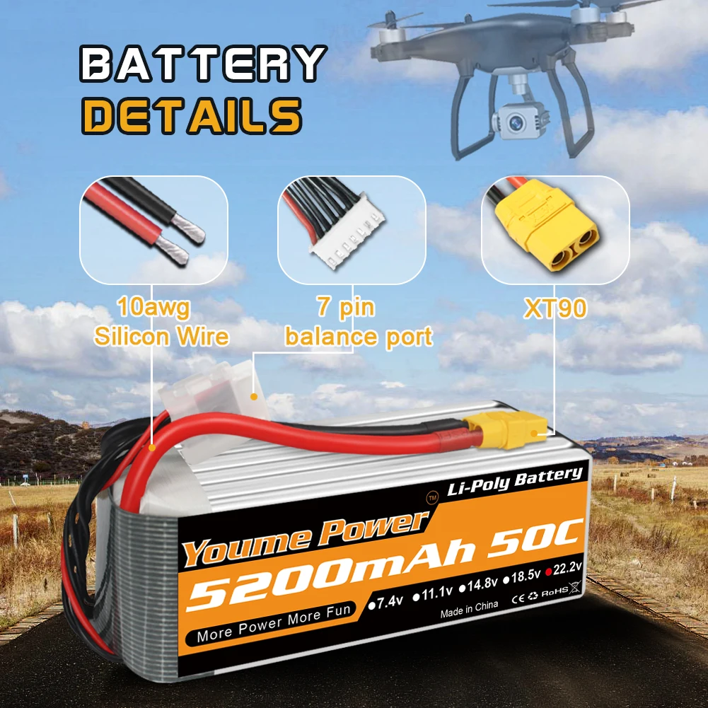 Model aircraft batteries 2-6s 5200mah 7.4V/11.1V/14.8V/18.5V/22.2V with T/TR/XT60/XT90/EC5 plugs manufacture