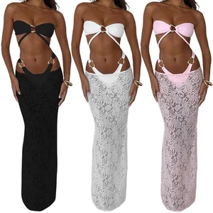 Trendy Sexy Three-Piece Bikini Set Metal Ring V-neck Top Ruffles Lace Cover-Up Flowy Skirt Breathable 100% Polyester Front Women