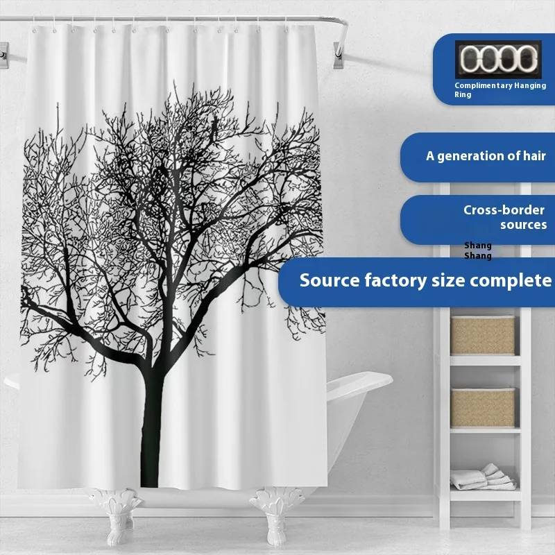 Adjustable Polyester Shower Curtain Classic Tree Pattern Design Washable Fabric Easy to Change Color