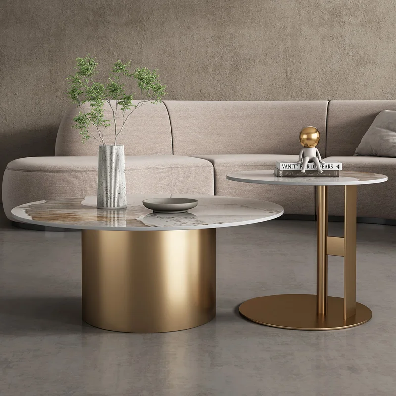 Factory Outlet 2 Pieces Nesting Center Table Round Marble Top Gold  Leg Tea Table 2 in 1 Coffee Table Set