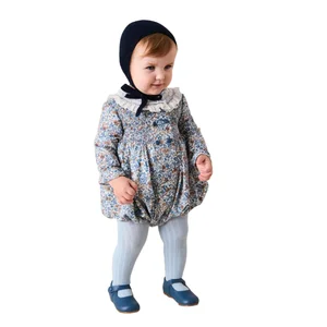 New Fashion Baby Girl Romper Cute Flora Blue  Fabric Smocking Embroidery with Wrap Fabric Button Strap White  Collar ODM Product