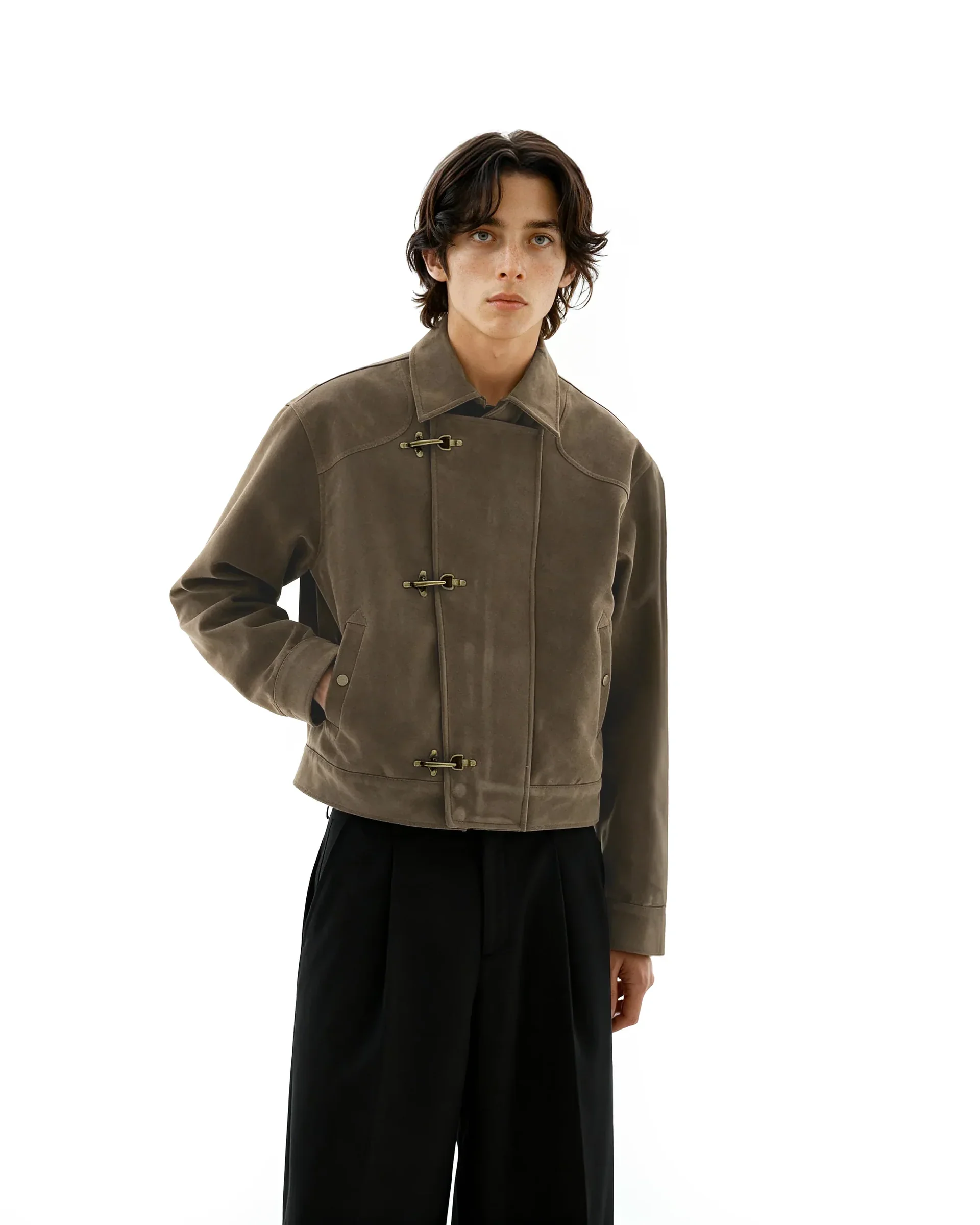 Salati Custom Asymmetric Fireman Buckle Mid Crop Suede Jacket gallery 3