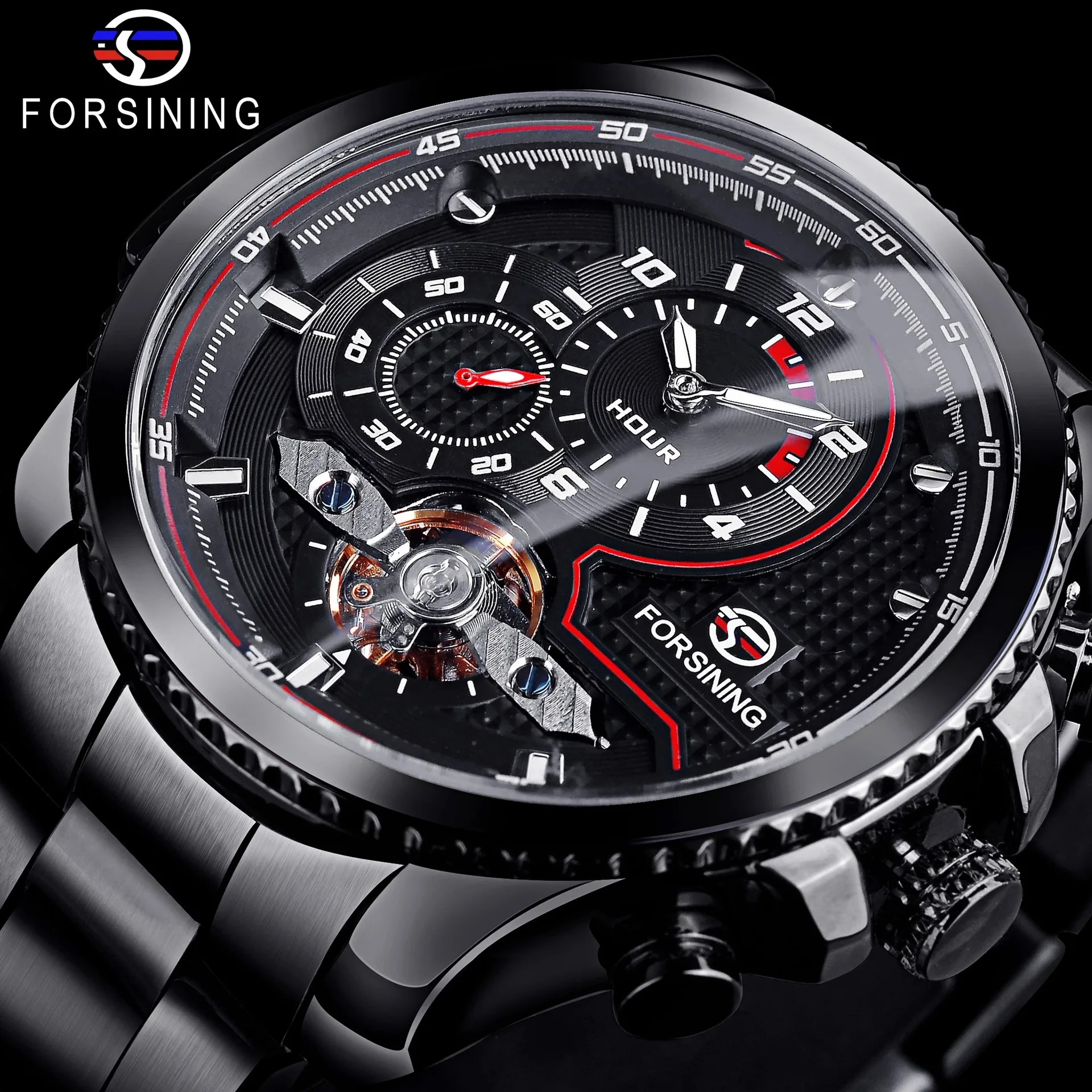 Forsining Watch Men Skeleton Automatic Mechanical Wristwatches Mens Luminous Waterproof Stainless Steel Tourbillon Watches Man