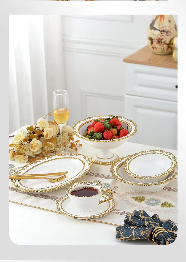 Luxury Royal Dinnerware Set Gold Inlay Porcelain Soup Bowl Salad Dishes