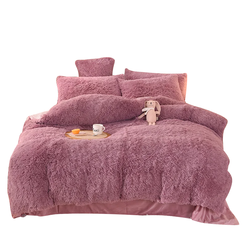 Rainbow Color Faux Fur Velvet Fluffy Plush Soft Bedding Bed Sheet Set 4