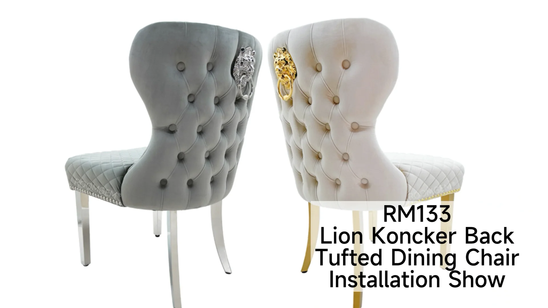 New Lion Knocker Scoop Dining Chair Deep Button Tufted Grey Or Beige Fabric 