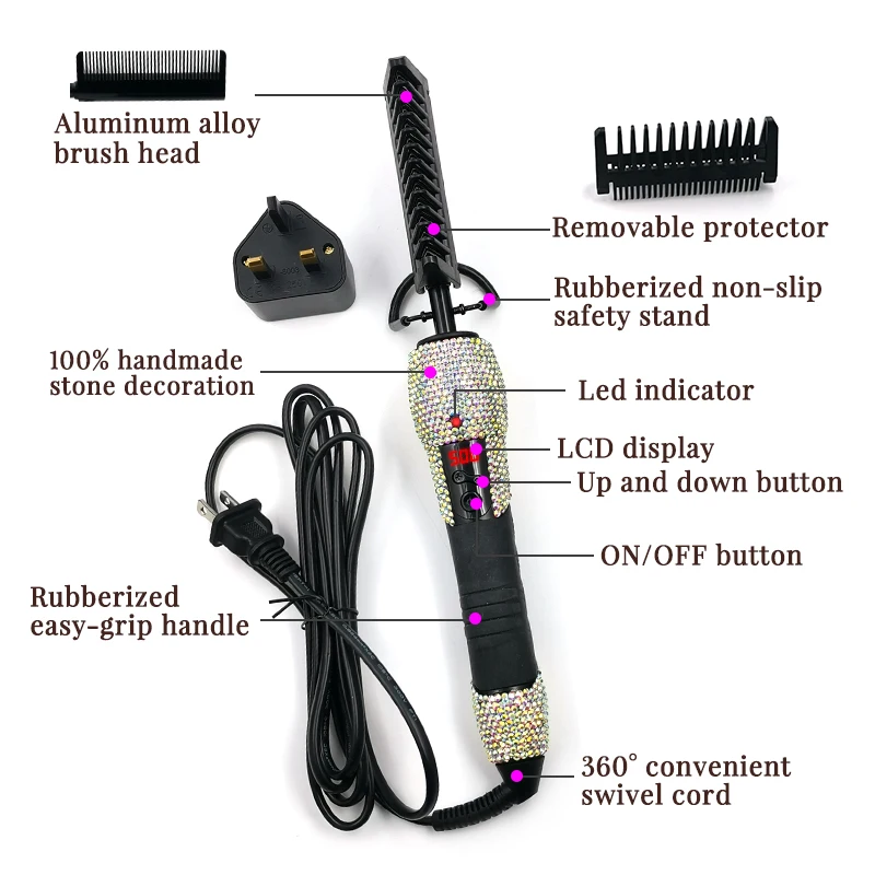 Professional 500F Bling Rhinestone Anti-Scald Straightening Comb Electric Hot Comb for Wigs