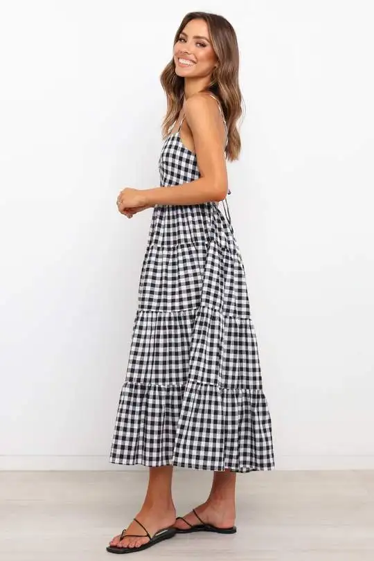 One Piece Checked Pleated Skirt Gingham Dress Cross Back