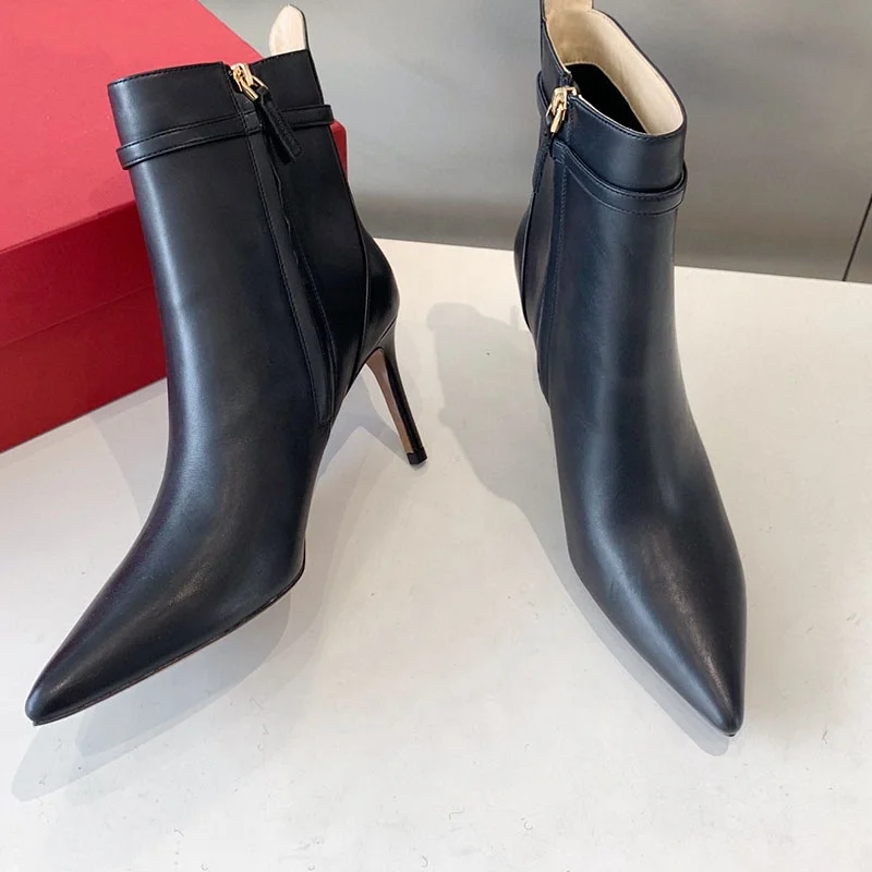 Shoe Accessories Genuine Leather High Heels Women's Shoes Boots Women Shoes Winter New Pointed Toe Chunky Heel Leather Boots