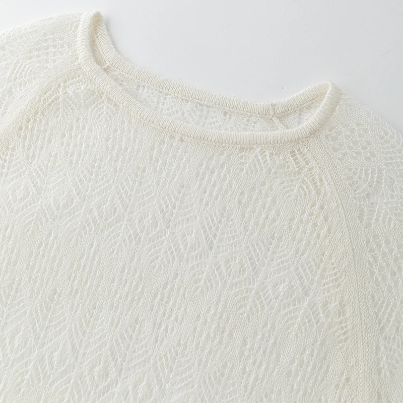 Custom Knitted Round Neck Pointell Diamond Pattern Knitted Yak Wool Knitted Sweater Top