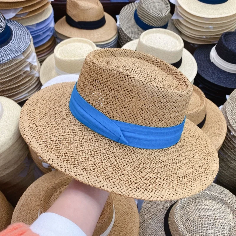 CUSTOM LOGO Plain Portugal Designer Vintage Flat Boater Summer Paper Straw Beach Sun Cap Hat for Crafting Women