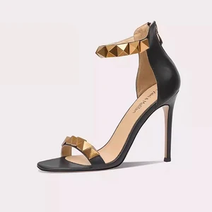 Women's Summer Heel Sandals Open Toe with Square Light Weight Design Back Zipper Ankle Strap with Rivet