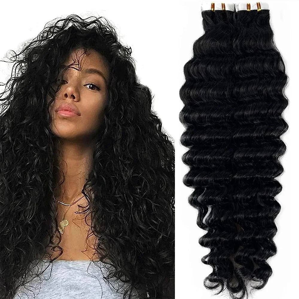 Tape-In-Haarverlängerung, lockig, tief gewellt, 100 % Echthaar, für den ganzen Kopf, Naturschwarz_voghion.com