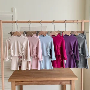 Spring Autumn Toddler Child Slim Fit Solid Color Top Flared Pants Casual Breathable Polyester/Cotton Young Girl Clothes Front