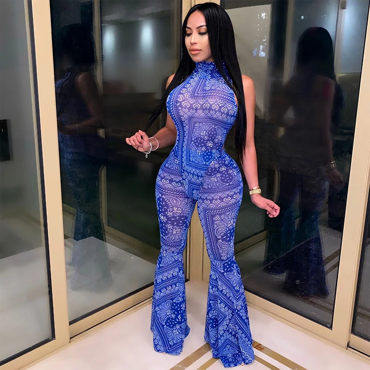 Sexy High Neck Printed Flare Pants 