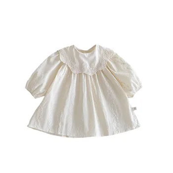 2024 autumn baby dresses stylish flower embroidery baby romper girls with large lapel long sleeves baby princess dress