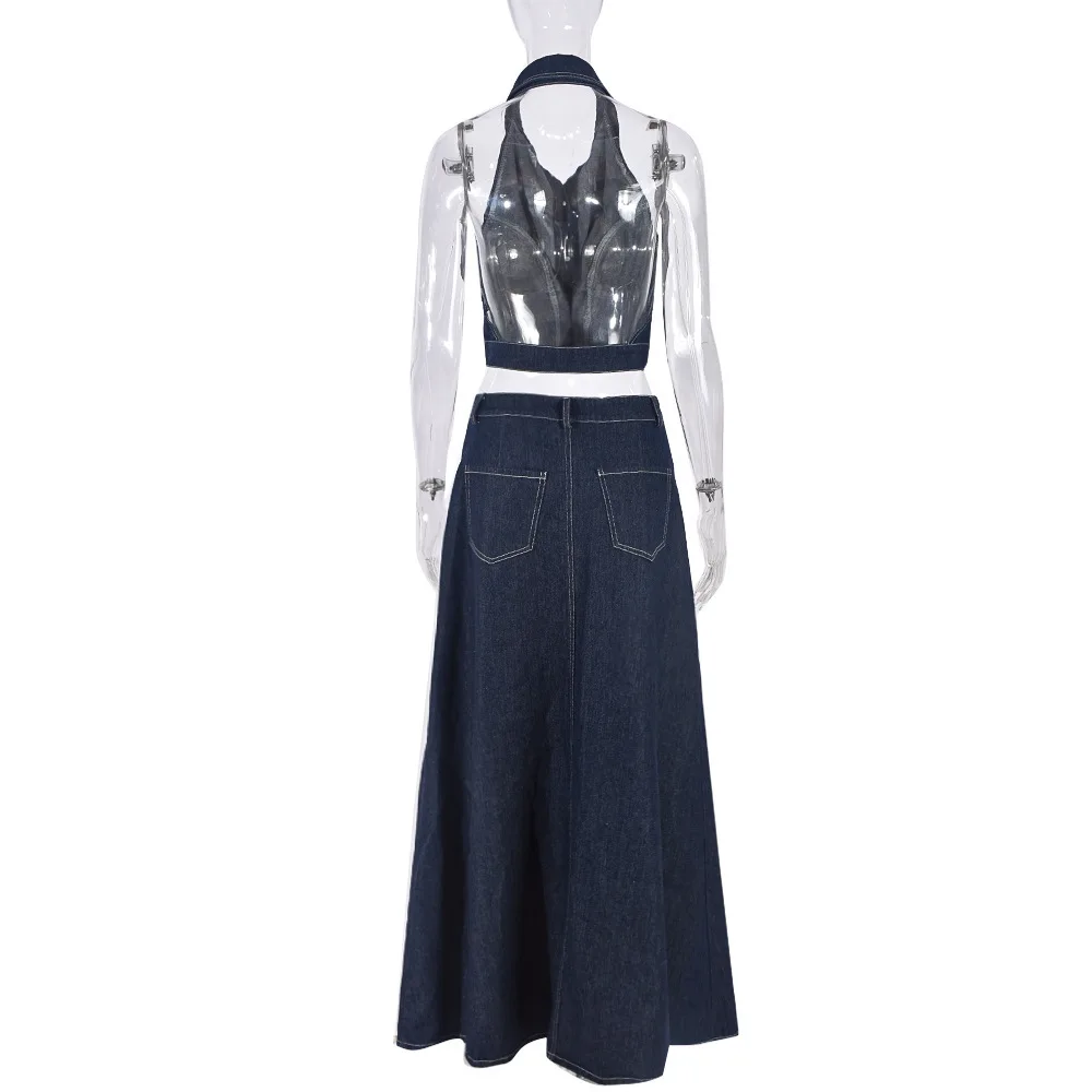 Women’s Summer Denim Two-Piece Set with Halter Crop Top and Maxi Skirt