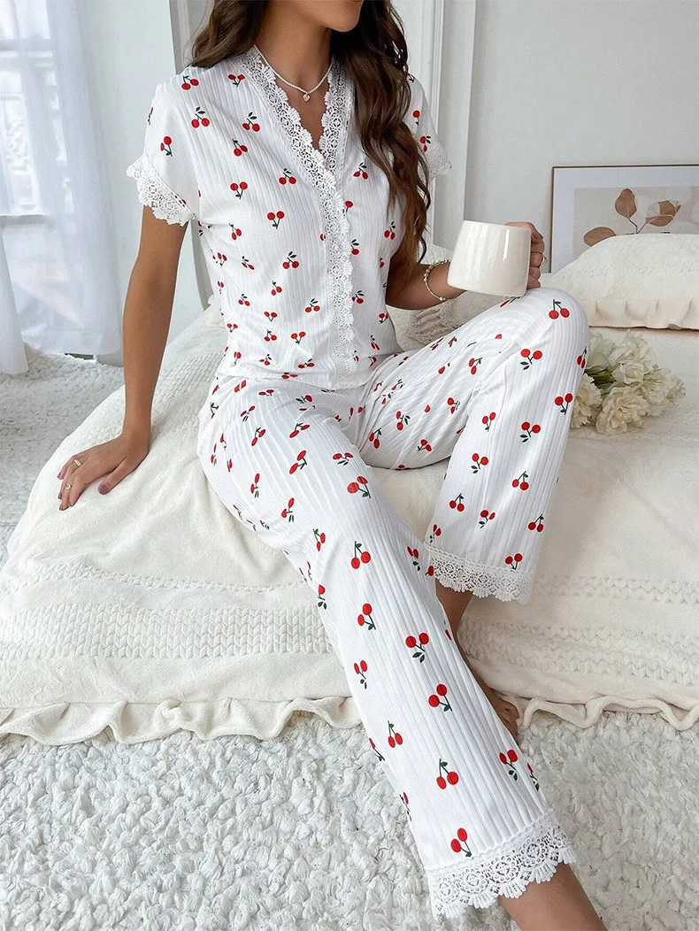 European American Women's Elegant Autumn Winter Pajamas Sexy V-Neck Lace Cherry Print T-Shirt Slim Fit Long Pants