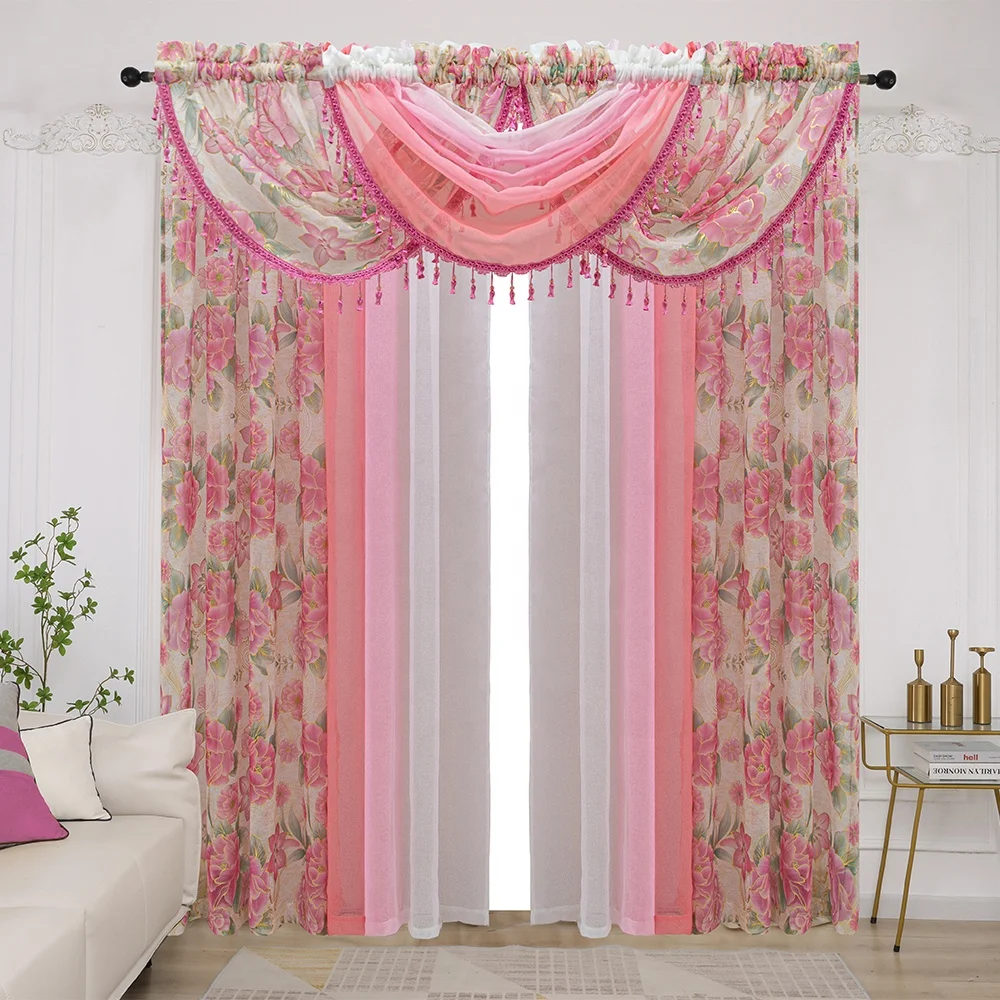 Modern Design Sheer Printed Window Curtains 7 Pieces Sheer Drapes Set Ready Made Curtain Valance