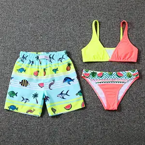 Custom Design Chlorine Resistance Drawstring Waist Nylon/spandex Swim Shorts Beachwear Girls 2 Piece Bikini Boys Swim Boxers