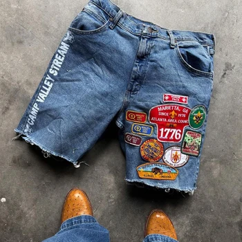 Custom design manufacturer distressed embroidered patches streetwear hip hop cargo denim men jeans shorts