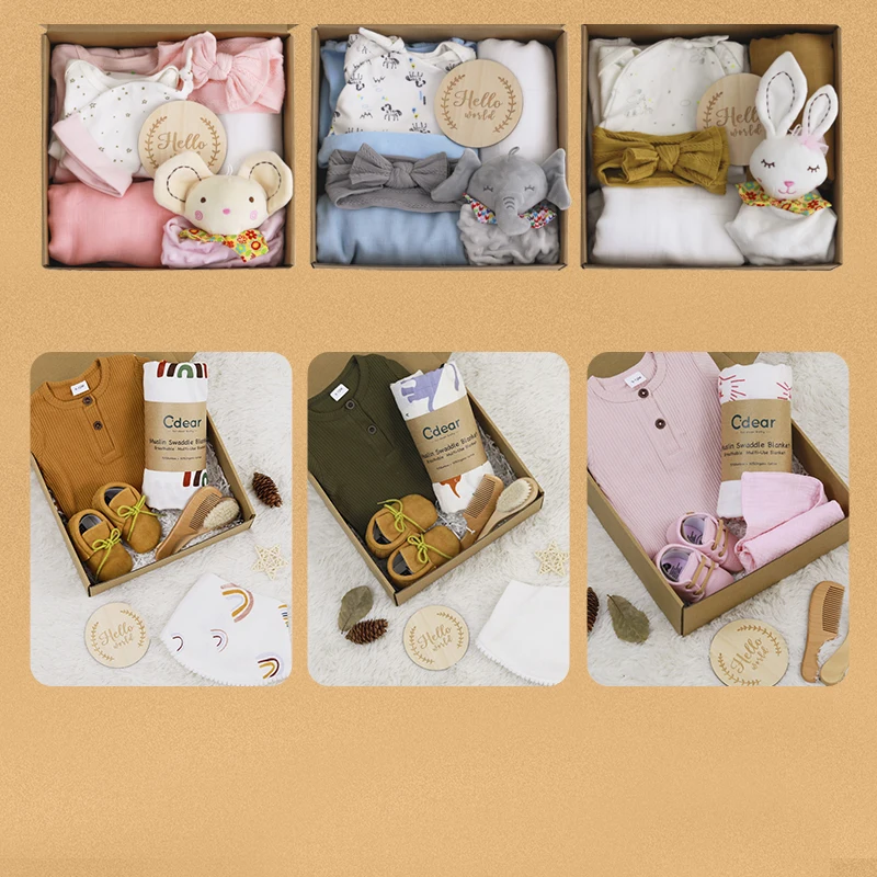 C Dear Newborn Shower Gift Set Box Souvenir Baby Cotton Blanket Teething Baby Rattle Milestone