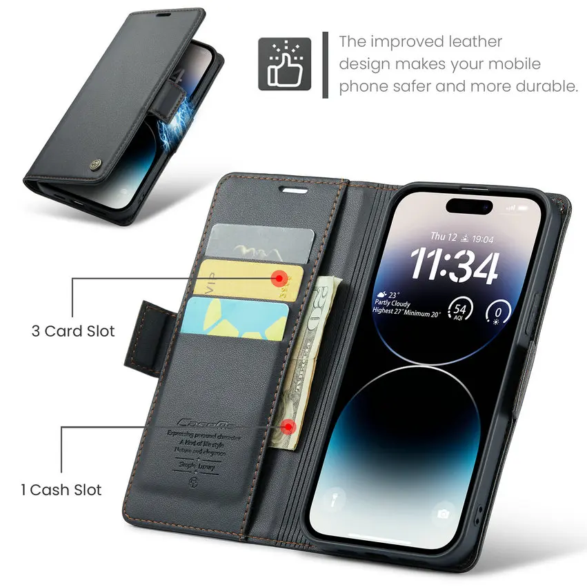 CaseMe Defencase Mobile Phone Cover for iPhone 14 Pro Max RFID Credit Card Holder Fold Stand Case for iPhone 14 Plus 13 12 11 Xs