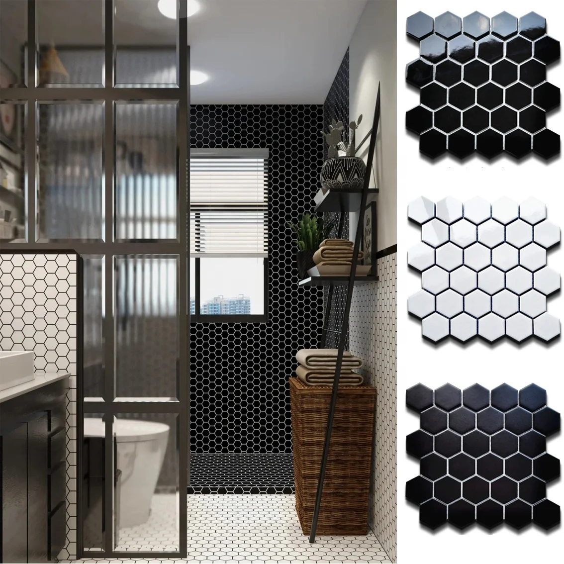 Full Porcelain Hexagonal Mosaic Tile Ceramic Glazed Frosted Bathroom Toilet Kitchen Balcony Black White Tile