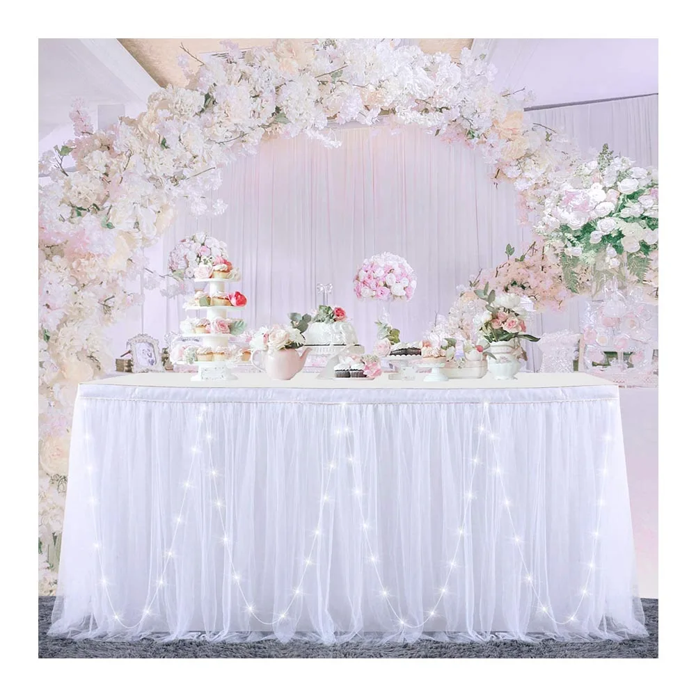 Оптовая продажа, роскошная Поворотная настольная юбка, белая Тюлевая юбка-пачка, шифоновая Светодиодная настольная юбка для свадебного украшения