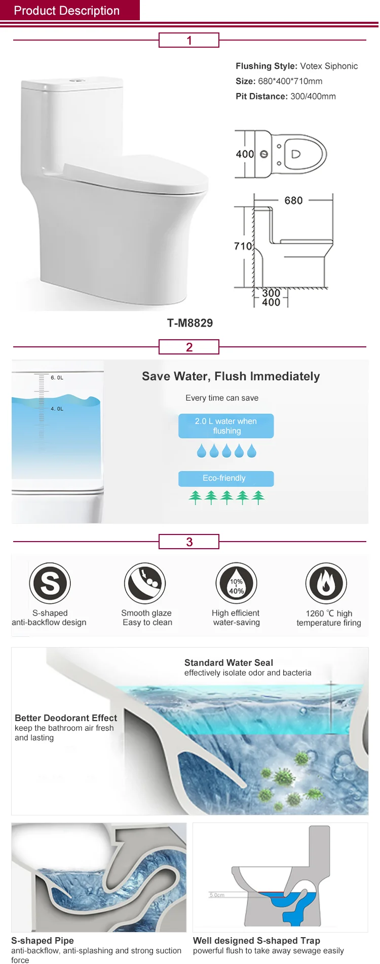 YEKALON T-M8829 Bathroom Sanitary Ware Wc Toilets Vortex Siphonic Flush One Piece Toilet