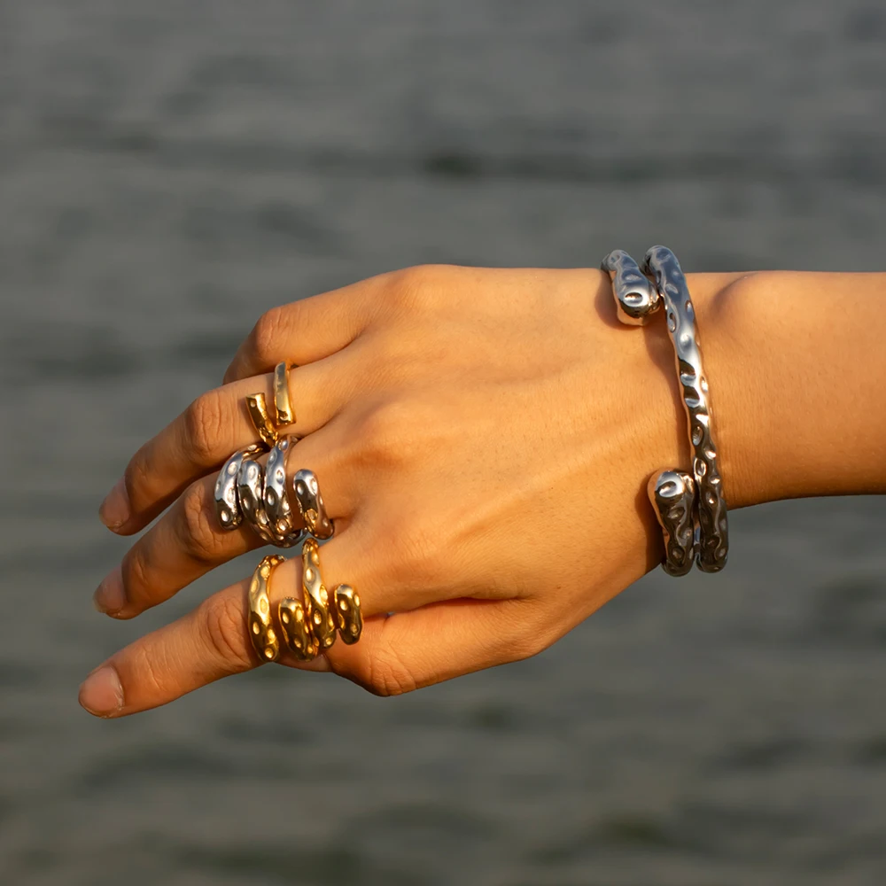 J&d Jewelry Hammer Lava Open Ring Bangle Cuff 18k Pvd Gold Silver Plated Stainless Steel Clean