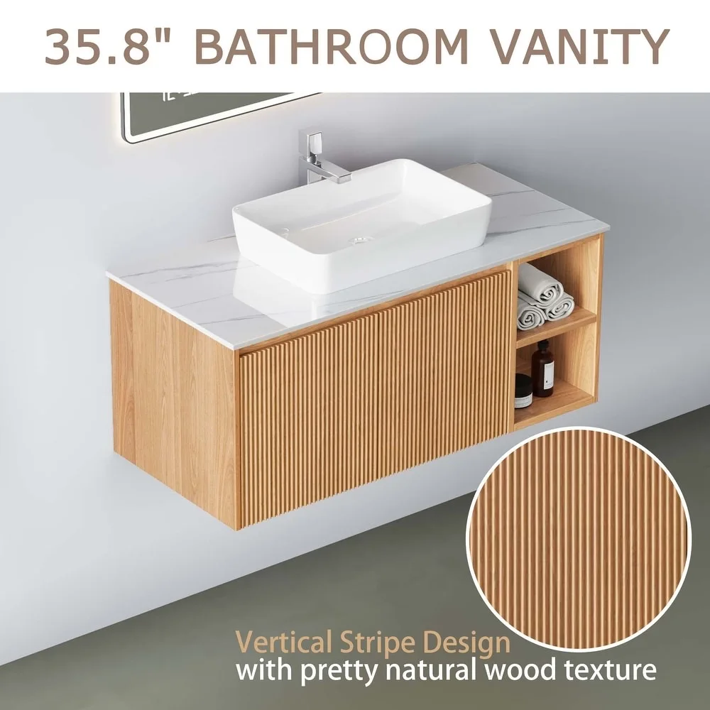 product wall mounted luxury style  ribbed  textured vanity wall hung bathroom cabinet vanity with mirror basin-11