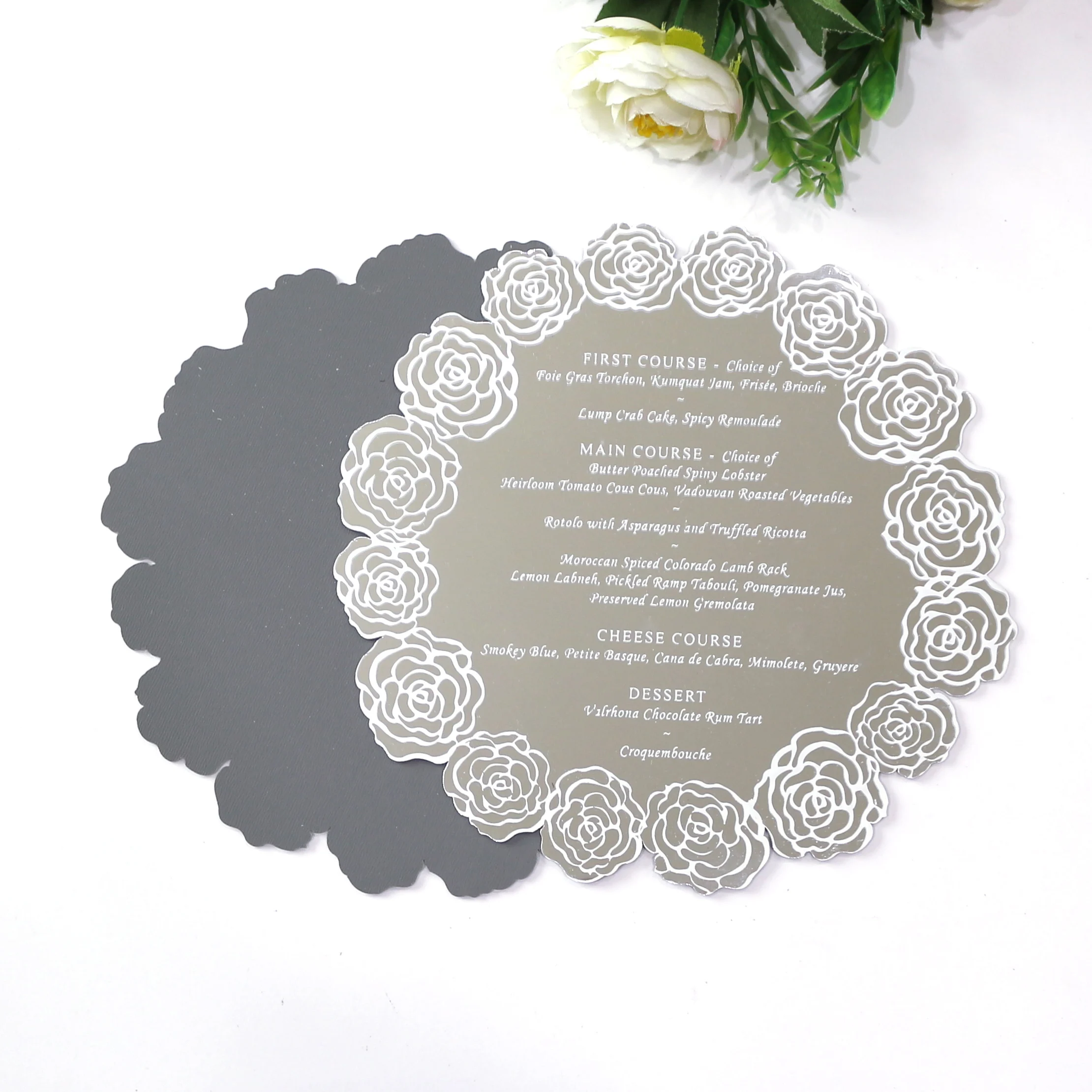 Customized Printing Engraved Round Mirror Acrylic Wedding Menus Cards