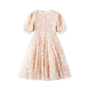 Sequined Chiffon Dress Puff Sleeves for Girls Ages 6-16  Embroidered  Flowers Children Clothes