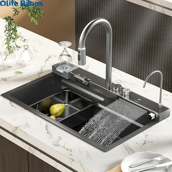 Olife Banos Kitchen Sink With Waterfall Faucet Stainless Steel Large 