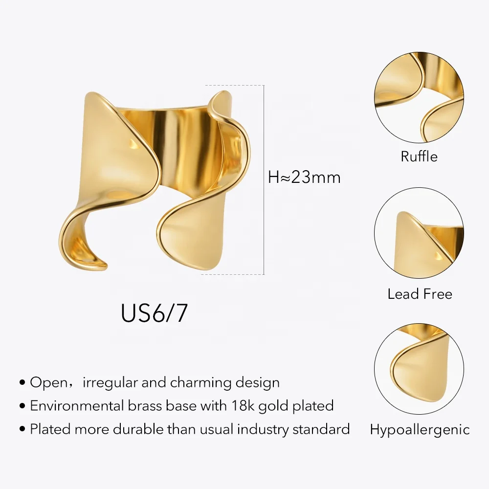 Original Design 18K Gold Plated Brass Jewelry New In Rings For Women Open Ruffle Ring Mujer HipHop Gift Rings R224174