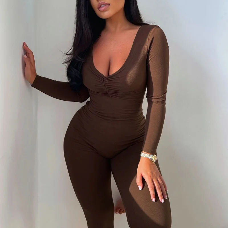 Women Fashion Deep V Neck Long Jumpsuit 