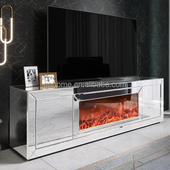 Euro Style Mirrored Fireplace Tv Stand With Led Electric Firebox For