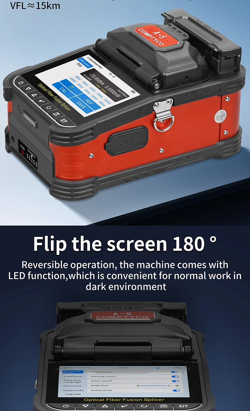 COMPTYCO A-5 Optical Fiber Welding Machine with OPM/VFL Touchscreen Fusion Splicer Machine 7800mAh Fiber Optic Fusion Splicer details