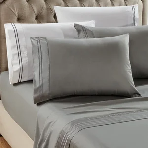 Plain Color Peach Skin Fabric Bed Sheet Set Microfiber Sheet & Pillowcase Sets with Embroidery Design for Hotel Living Room