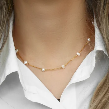 Elegant Freshwater Pearl Chain Necklace Gold Plated Beaded Necklace Stainless Steel Design Jewelry