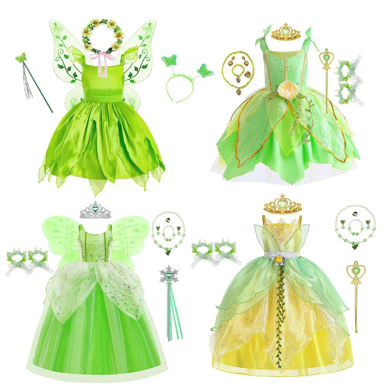 St. Patrick's Day Tiana Princess Dress Halloween Cosplay Girls Dress Frog Princess Tinkerbell Sleeveless Green Summer Dress St. Patrick's Day Tiana Princess Dress Halloween Cosplay Girls Dress Frog Princess Tinkerbell Sleeveless Green Summer Dress
