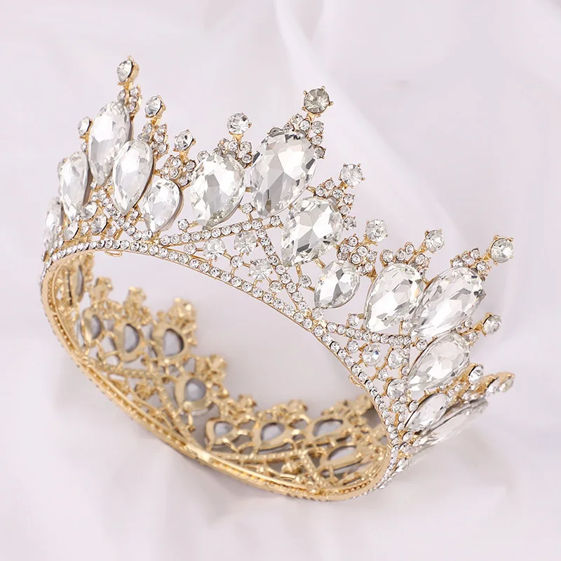 Gold Crown with Blue Stones - Elegant Bridal Teardrop Tiara display picture 2