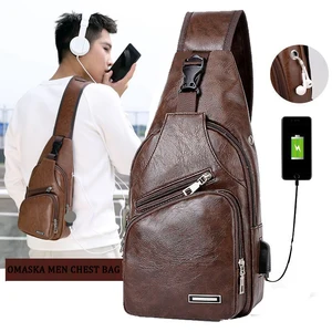 Factory Promotion Men Pu Leather Crossbody Messenger Chest Bag with USB Charger Port