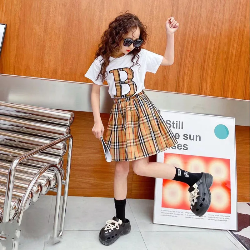 Hot Sale Girls Clothes Fashion Outfits Plaid Tshirt Skirt Two Pieces
