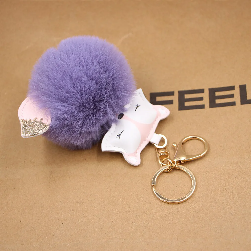 Cute Animal Pom Pom Keychain Faux Fur Fluffy Key Ring for Women
