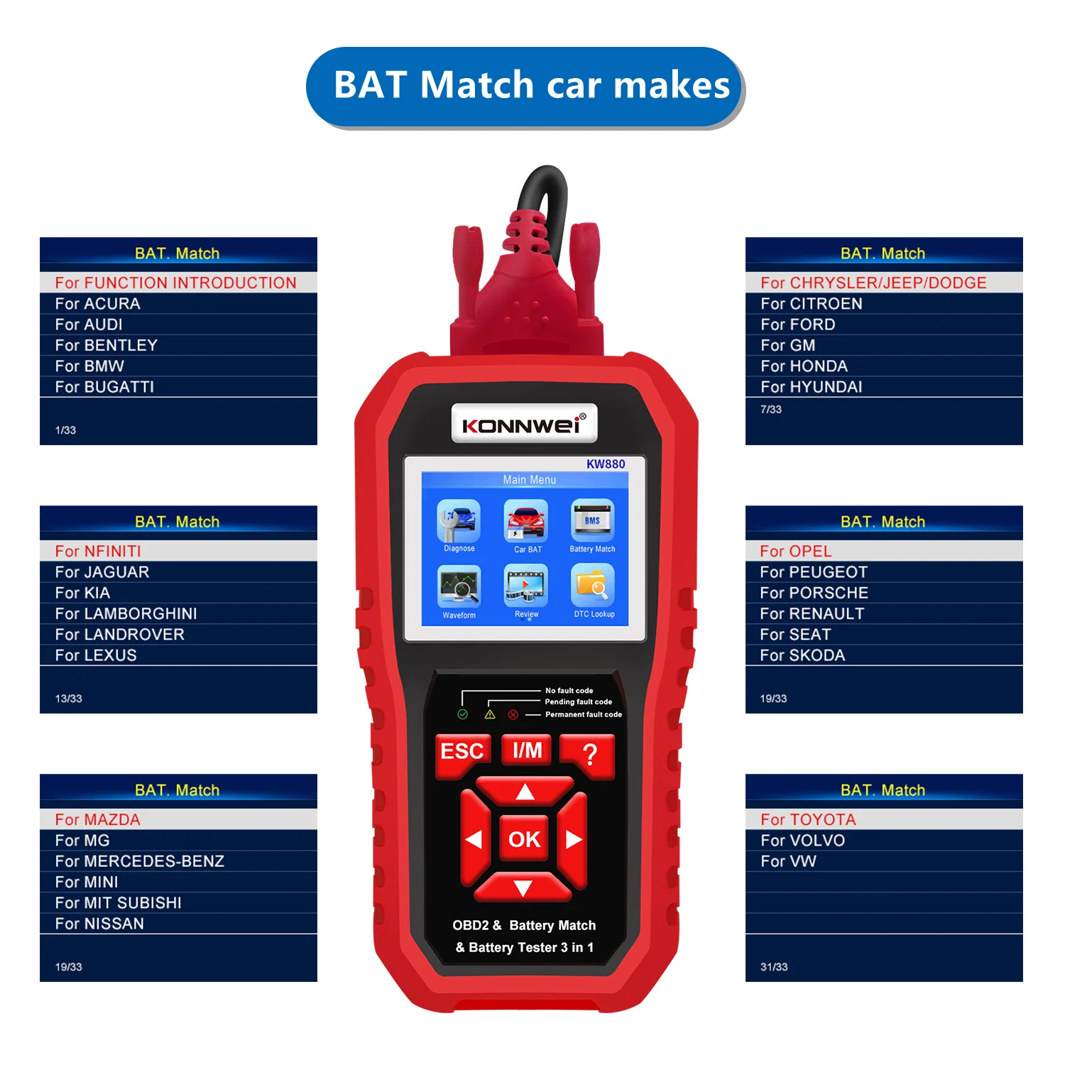 KONNWEI KW880 - Advanced Automotive Battery & OBD2 Scanner