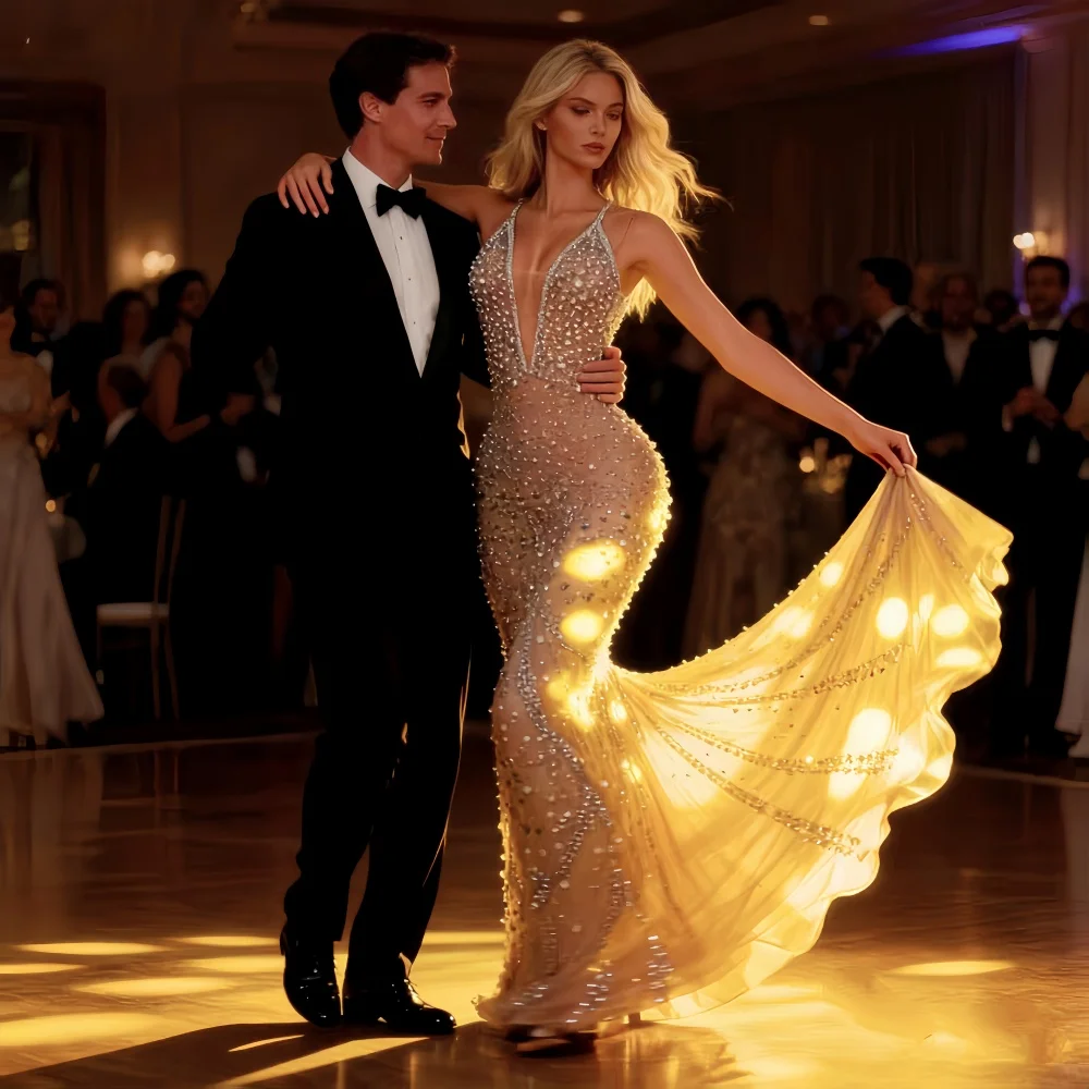 Plus Size Red Carpet Evening Gown | Deep V Sheer Dress with Sparkling Detail & Slimming Silhouette