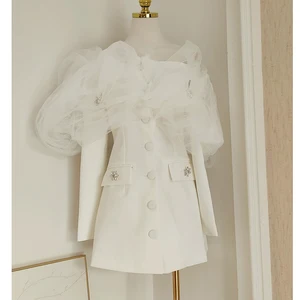 Factory Wholesale Designer Fashion Mini Dress Women Spring Autumn Asymmetrical Collar Long Sleeve Ruffles Diamonds Party